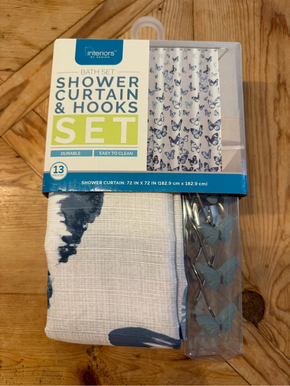 Blue Butterfly Shower Curtain & Hooks Set